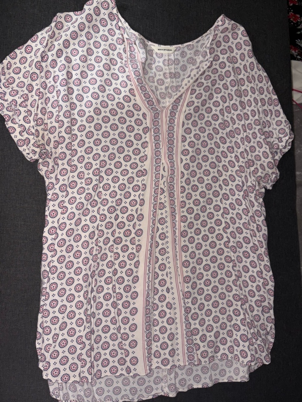 Max Studio White Blouse with Pink and Navy Medallion Print
